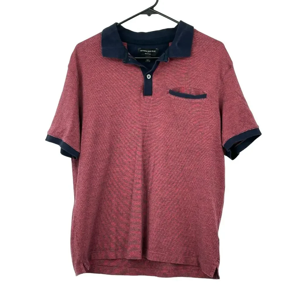 Banana Republic Shirt Mens Medium Dress Polo Red Navy 100% Cotton Preppy Casual‎